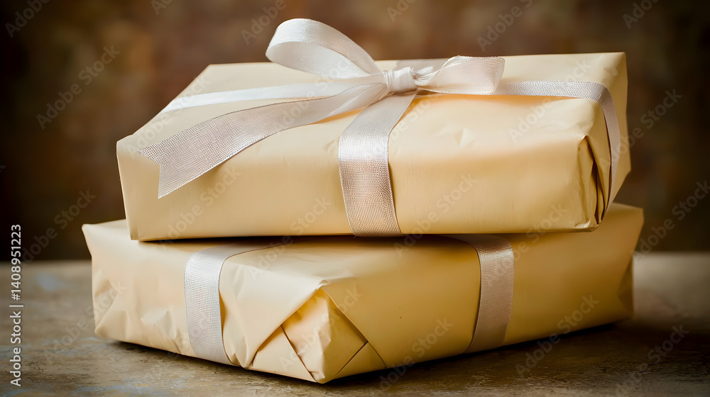 Stack of wrapped gifts. Elegant beige presents with cream ribbon Stack of wrapped gifts. Elegant beige presents with cream ribbon