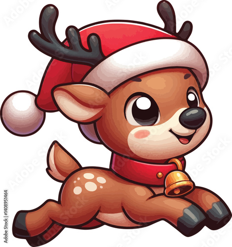 Happy cartoon reindeer in a red hat with cute christmus