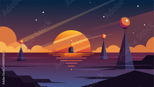 As the sun sets the eVTOLs switch on their navigation lights creating a mesmerizing light show in the sky as they continue their journeys.. Vector illustration