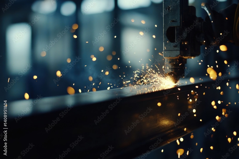 Fototapeta premium A steel fabricator cutting beams at a metalworking shop. Featuring craftsmanship and industrial precision