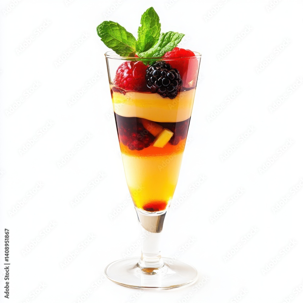 A refreshing honey pudding in a tall, modern glass, layered with fresh berries, mint leaves A refreshing honey pudding in a tall, modern glass, layered with fresh berries, mint leaves