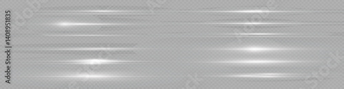 Set of white horizontal lens flares. Laser beams, horizontal light beams. Glow transparent vector set of light effects, explosion, glitter, spark, solar flare.
