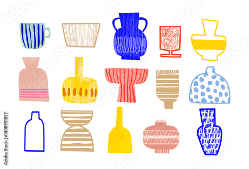 Vases pottery shapes set, clay pots, vases, jugs, jars vector in hand drawn style, Minimalist illustration, drawing abstract texture