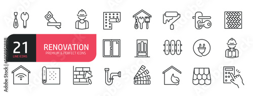 Set of line icons related to repair, worker, building, sanitary, decor. Outline icons collection. Editable stroke. Vector illustration.