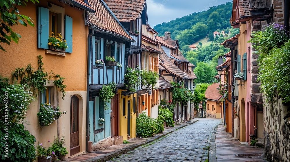 Fototapeta premium Charming European village street scene with colorful houses.