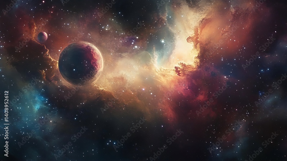 Obraz premium Planets and Nebula in Space Digital Art for Background Use