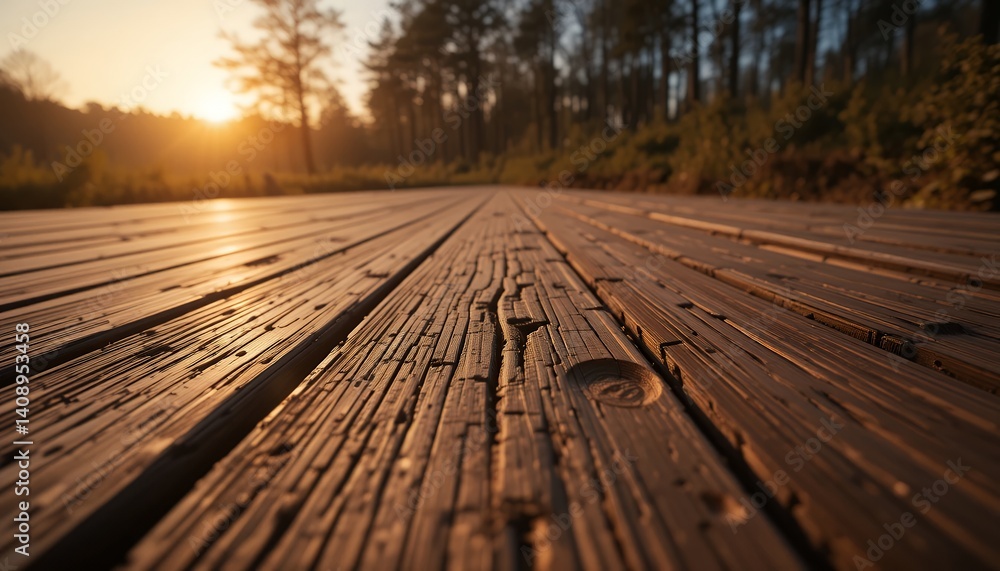 Fototapeta premium Wooden Path at Sunset Leading Into Forest