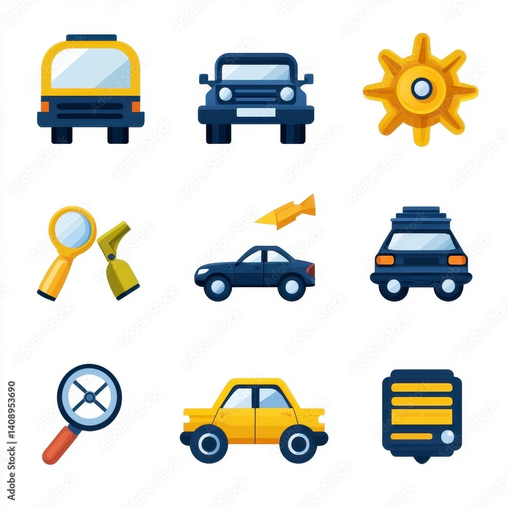Naklejka premium Colorful Icons of Vehicles and Tools