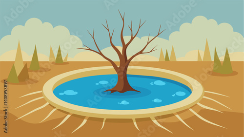 The lone watering hole now just a shallow puddle is surrounded by thirsty roots clawing desperately for moisture.. Vector illustration