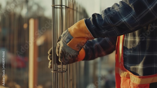 A construction worker setting up a temporary fence at a job site. Featuring safety and organization