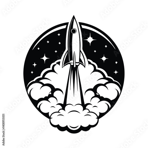 Monochrome Rocket Launching Through Space with Stars and Smoke Trail in Circular Border