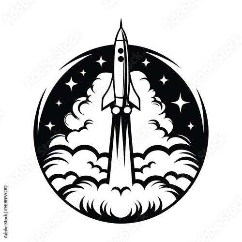 Rocket Launch Black and White Spaceship with Smoke, Circle Icon, Stars
