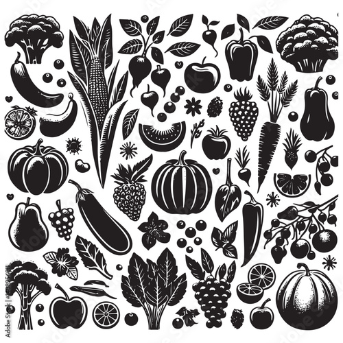 Vegetables, fruits, berries, vector silhouette