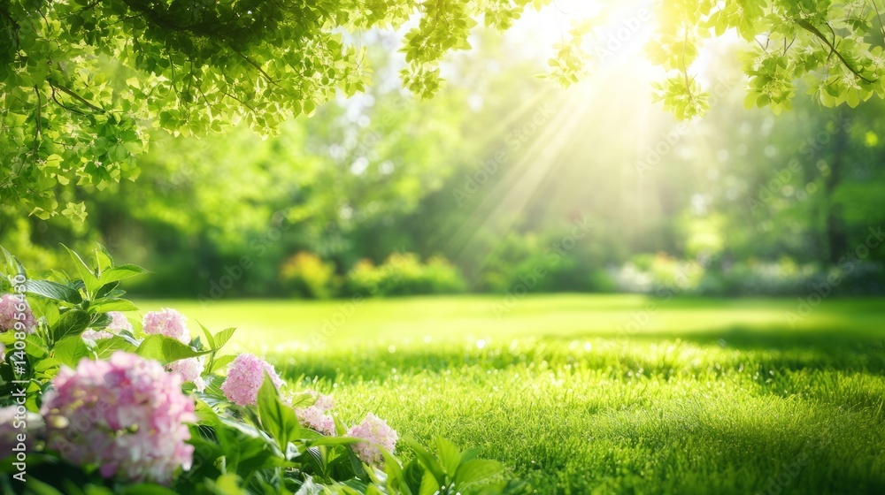 Obraz premium Blooming hydrangeas in a serene garden, lush greenery under soft sunlight. Peaceful countryside charm and natural beauty. 
