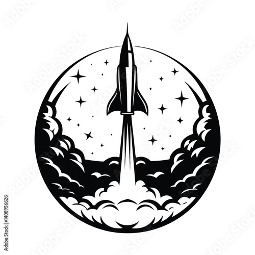 Retro Rocket Launch, Black Silhouette, Stars, Smoke Trails, Space, Isolated on White