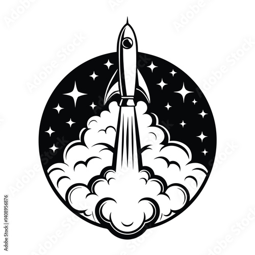 Rocket Launching Through Starry Space, White Smoke Trail, Round Frame, Black and White