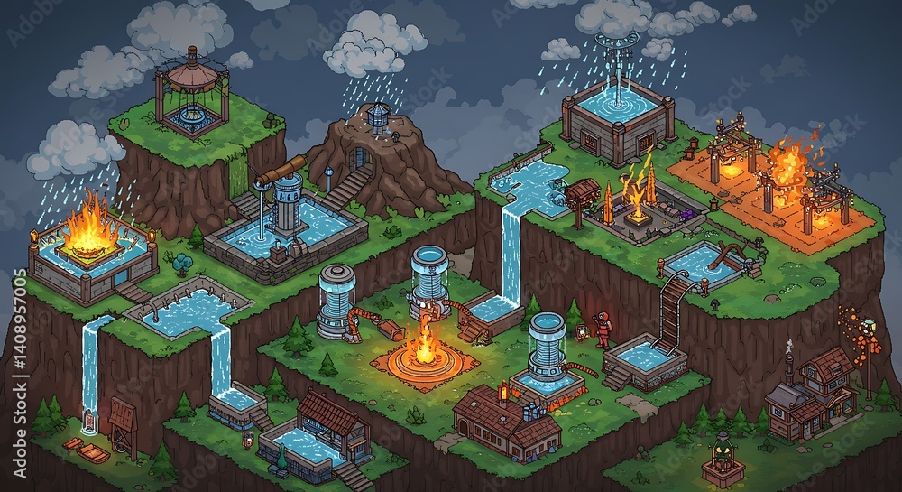 Obraz premium Isometric Fantasy World with Rain, Fire, and Waterfalls
