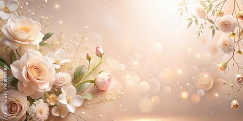 Elegant floral arrangement featuring delicate roses and blossoms against a soft, luminous background