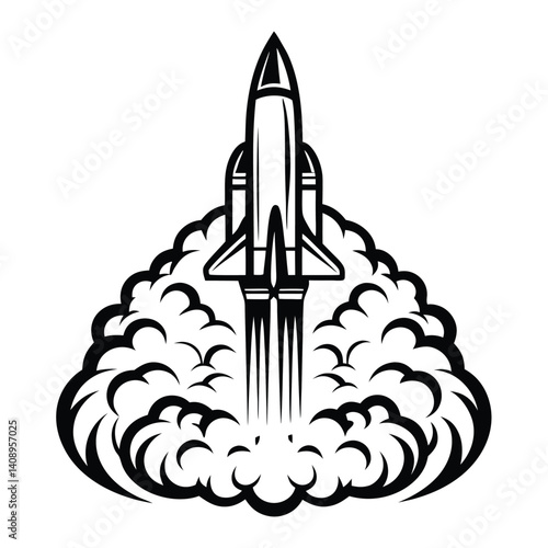 Black And White Rocket Launching With Smoke Trail In The Sky Design