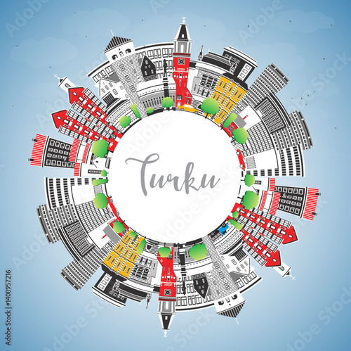 Turku Finland city skyline with color buildings, blue sky and copy space. Turku cityscape with landmarks. Travel and tourism concept with modern and historic architecture.
