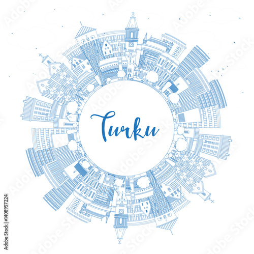 Outline Turku Finland city skyline with blue buildings and copy space. Turku cityscape with landmarks. Business travel and tourism concept with modern and historic architecture.