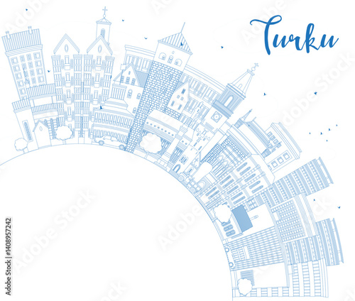 Outline Turku Finland city skyline with blue buildings and copy space. Turku cityscape with landmarks. Business travel and tourism concept with modern and historic architecture.