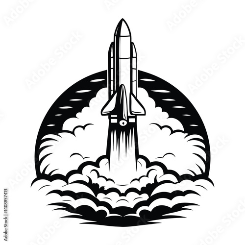 Launching Space Shuttle with Smoke Trails in Black and White Retro Style