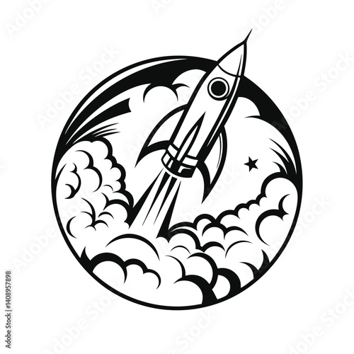 Rocket Launching Through Clouds in Black and White, Stylized, Isolated on White
