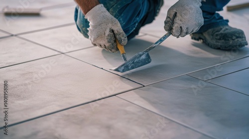 A construction worker sealing gaps between tiles during floor installation. Featuring craftsmanship and finishing work © keshia