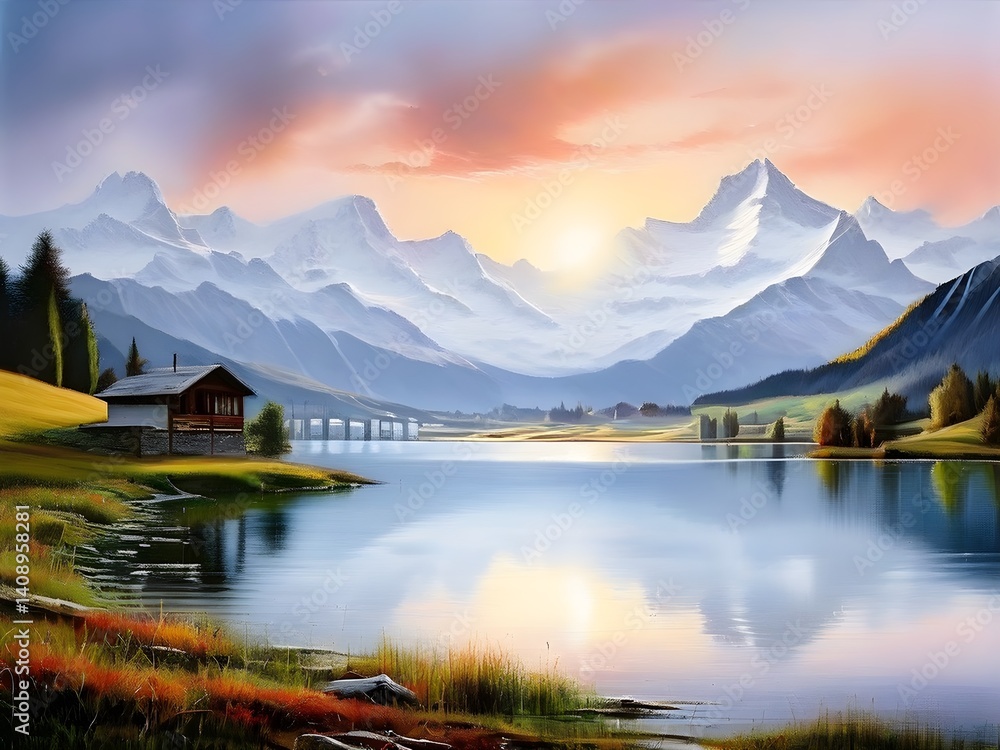 Naklejka premium Beautiful autumn landscape with mountains and lake