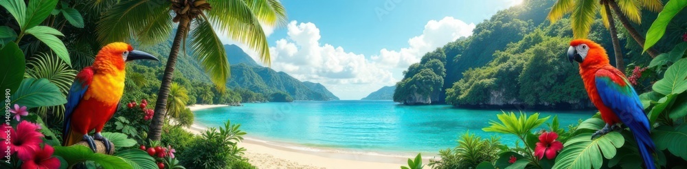 Fototapeta premium Rectangular collage featuring tropical landscapes and exotic birds, birds, composition