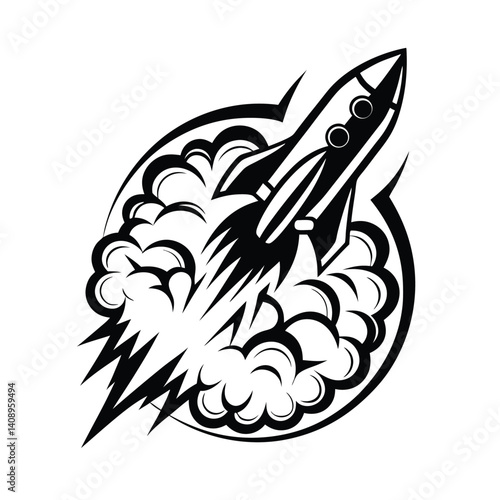 Retro Rocket Launching with Smoke Trail in Black and White Minimalist Bold Outline Style