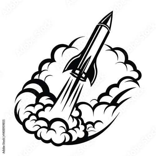 Rocket Ship Taking Off with Smoke Trail, Black and White Isolated