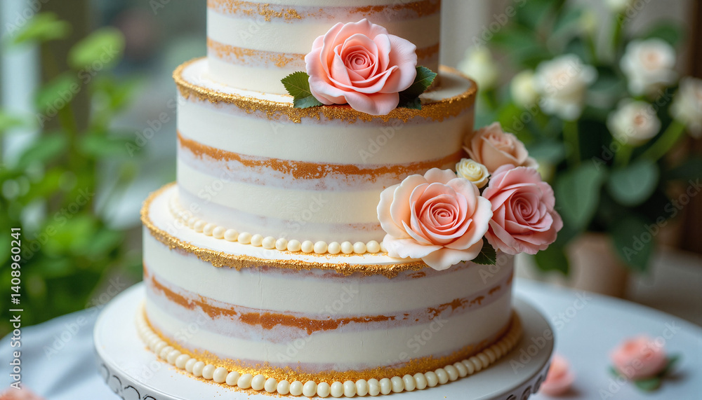 Elegant wedding cake decorated with roses against a floral background Elegant wedding cake decorated with roses against a floral background