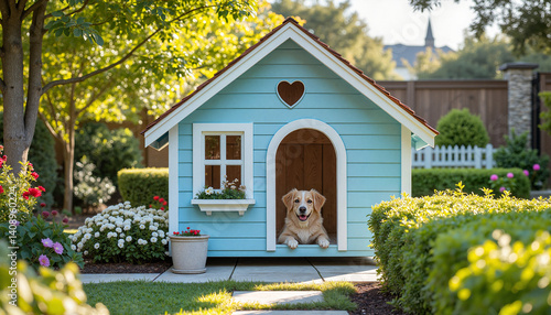 Happy dog resting in a colorful doghouse in a lush garden  