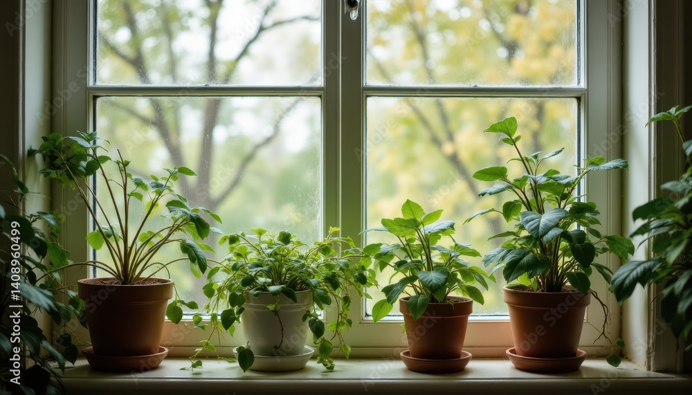 Indoor Window Garden with Various Plants in Pots near Clear Glass Pane Indoor Window Garden with Various Plants in Pots near Clear Glass Pane