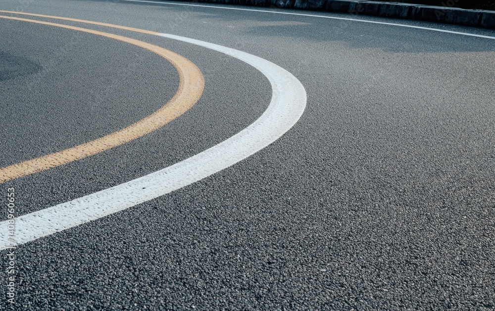 Obraz premium Curved White and Yellow Lane Markings on Asphalt Road