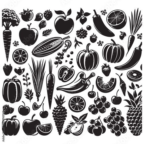 Vegetables, fruits, berries, vector silhouette
