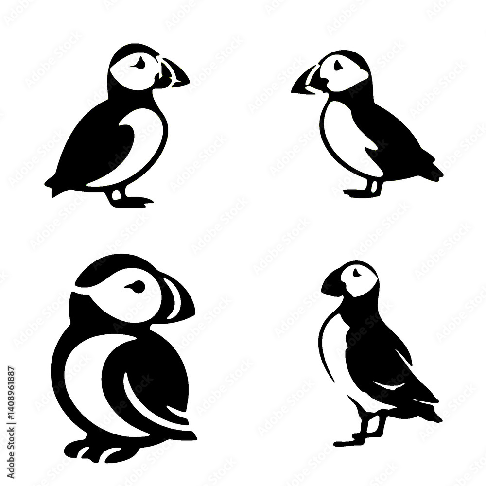 Obraz premium A clean set of puffin bird silhouettes ideal for nature, wildlife, and conservation-themed projects. Perfect for use in logos, posters, apparel, and educational materials.