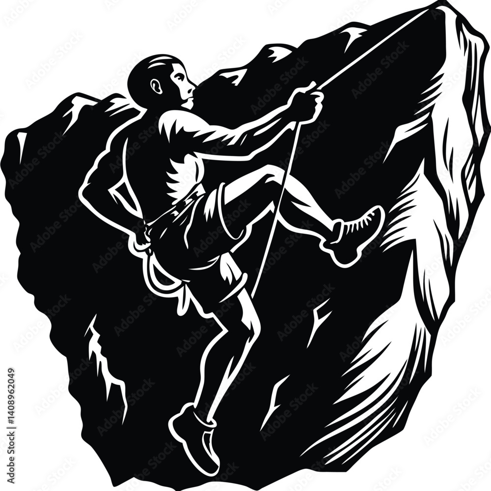 Fototapeta premium Silhouette Art Man Climbing on Rocks with Rope, Black and White