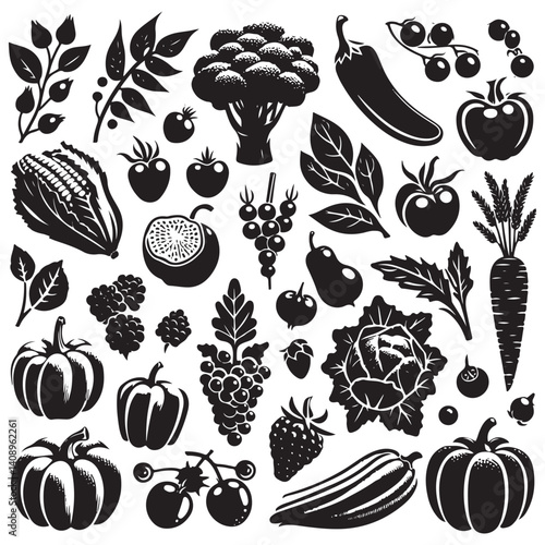 Vegetables, fruits, berries, vector silhouette