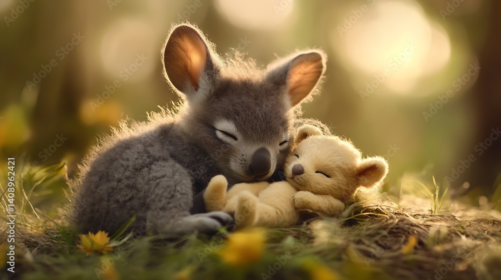 Heartwarming image of a baby koala gently sleeping with a teddy bear in a sun-drenched meadow. Heartwarming image of a baby koala gently sleeping with a teddy bear in a sun-drenched meadow.