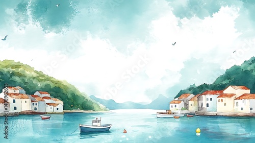 watercolor painting of a peaceful coastal village with boats houses nestled among lush green hills under a soft cloudy sky.