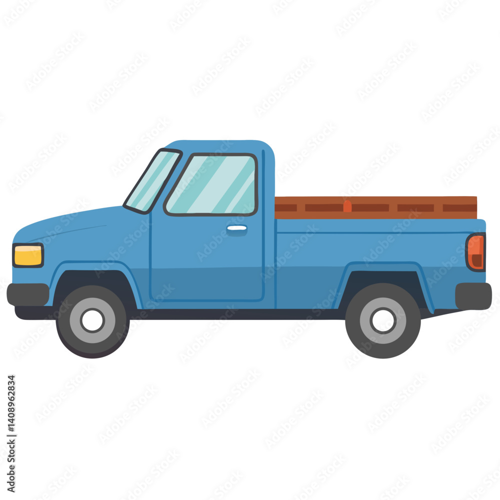 Illustration of a blue pickup truck with a brown wooden bed viewed from the side on a white background Illustration of a blue pickup truck with a brown wooden bed viewed from the side on a white background