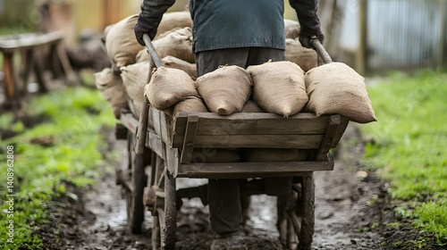 Rustic Wooden Cart Burdened with Burlap Sacks on Muddy Path