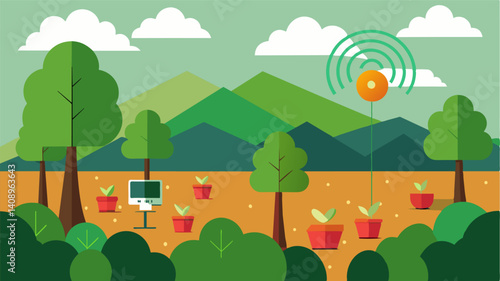 Implementing a wireless sensor network to monitor soil conditions and nutrient levels in the orchard allowing for precise and efficient fertilization.. Vector illustration