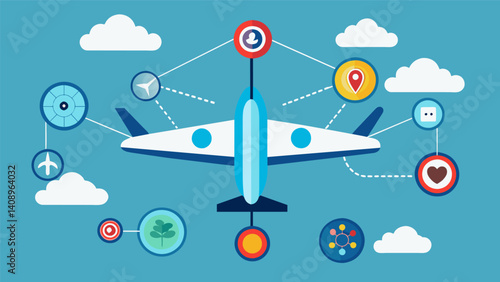 A network of sensors installed on airplanes providing constant feedback on engine performance temperature and altitude.. Vector illustration