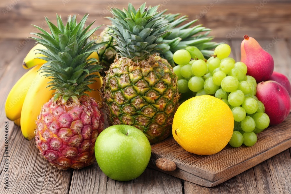 A variety of colorful fruits arranged on a wooden cutting board, Hello Summer background. A variety of colorful fruits arranged on a wooden cutting board, Hello Summer background.