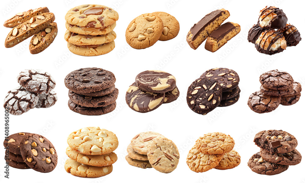 Obraz premium Assorted Delicious Cookies on White Background, Featuring Varied Textures, Shapes, and Toppings for Culinary and Dessert Photography Needs. Piquant food set.