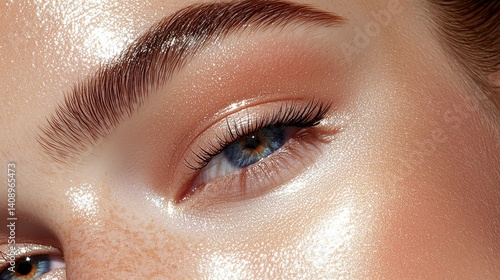 Close Up Sparkling Eye Makeup  Shimmering Gold and White Glitter on Woman's Eye